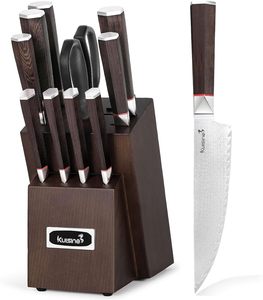 Kuisine 12 件套大马士革钢手工锻造刀具套装木柄厨房刀具内置磨刀器剪刀厨师烹饪用 - Product Image 1