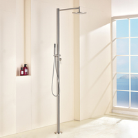 Robinet de douche colonne autoportant en laiton brossé pour usage hôtelier, avec jet de pluie, cartouche céramique et barre coulissante, pour piscine extérieure