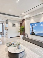 Cuisine complète sur mesure moderne en MDF bicolore, finition brillante crème blanc gris, tiroirs sans poignées en forme de L