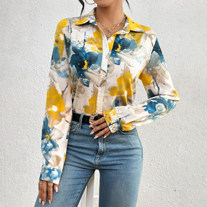 Thiết Kế Độc Đáo In Hoa Mở Phía Trước Áo Sơ Mi Văn Phòng Phụ Nữ Cổ Áo Thường Xuyên Phù Hợp Với Áo Sơ Mi Phụ Nữ Áo Cánh Áo Sơ Mi - Product Image 2