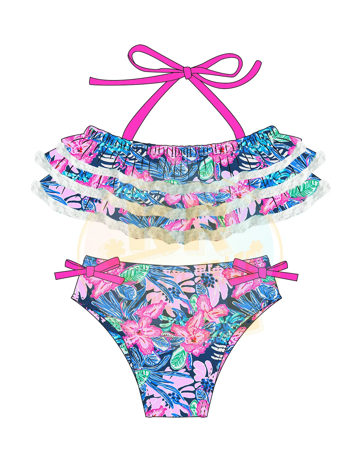 Verano personalizado bebé Boutique traje de baño Niño estampado playa desgaste niñas pequeñas encaje volante cuello Halter traje de baño niños Bikini traje de baño