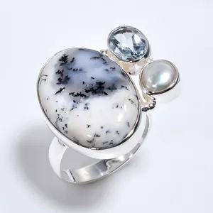 Dendrite Opal màu xanh Topaz vòng ngọc trai 925 Sterling bạc trang sức cho phụ nữ số lượng lớn bán buôn Fine Nhẫn bạc xuất khẩu