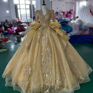 Mc053 Gold <b>Glitter</b> Tulle Prom Dress V Neck Long Sleeve Puff Shoulder Sequin Embroidered Crystal <b>Ball</b> Gown Jancember - Product Image 1