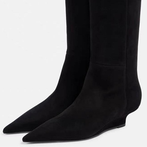New Style Low Wedge Heels Pointed Toe Big Size 44 Shoes Suede Long <b>Boots</b> Women's on Flock Knee High Booties - Product Image 5