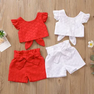 Комплекты летней детской одежды с коротким рукавом, с ажурным бантом, 2 шт., комплекты одежды для девочек