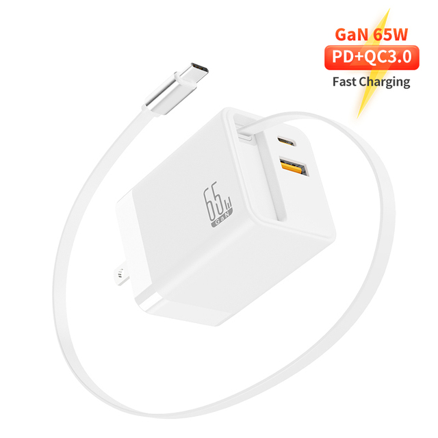 IDEAL 65W GaN Multi Port Retractable USB-C Smart Foldable Wall Plug Cable Compatible EU/US Socket OTP Laptop Phone Charger