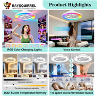 Ventilateur de plafond en acrylique et métal de 20 pouces avec lumière, anneau d'ambiance RGB, application intelligente, moteur DC pour salle à manger, bar, café, personnalisable OEM ODM