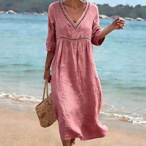 Abito lungo da donna in cotone plissettato a maniche a <span class=keywords><strong>tre</strong></span> <span class=keywords><strong>quarti</strong></span>, tinta unita, scollo a V, elegante e casual, nuova collezione Primavera/Estate 2026 - Product Image 1
