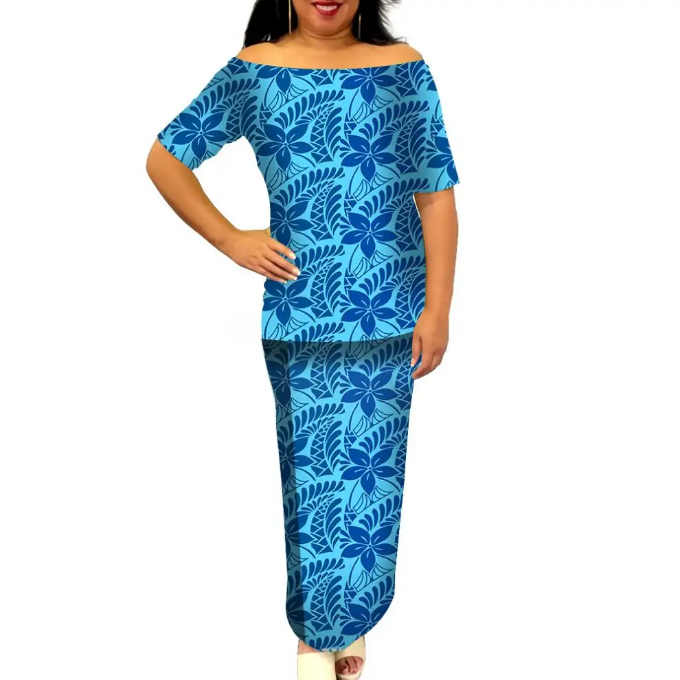 Ropa Polinesia Samoan Puletasi Tapa azul Estampado de flores Personalizado fuera del hombro Tribal Puletasi Tallas grandes Mujeres Conjuntos a juego