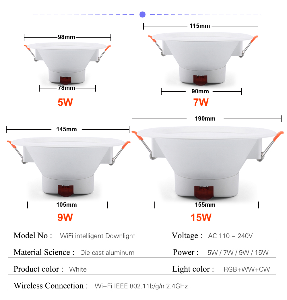 RSH Smart Downlight Led Spot Ceiling Downlights Music Voice Control Tuya Wifi Dimmable Indoor Lighting RGB+CW+WW