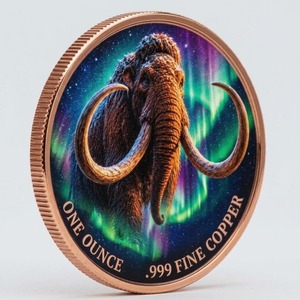 Moneta in Rame Colossale con Mammut Laminare dell'Era Glaciale Estinta, Aurora Cosmica e Creatura Vibrante, Classificata tra le Migliori, per Museo di Storia Naturale - Product Image 1