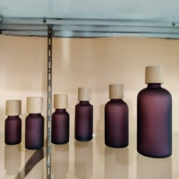 Flacon en verre mat violet de ml, pour sérum, huile essentielle, Lotion, baume, avec couvercle en bois