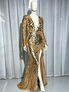 Abito da Sera su Misura con Paillettes Dorate, Scollo a V Profondo, Stile Sirena, <span class=keywords><strong>Maniche</strong></span> <span class=keywords><strong>Lunghe</strong></span>, Aderente, <span class=keywords><strong>Vestito</strong></span> Formale Luccicante per Feste - Product Image 6