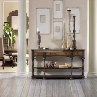 Console classique traditionnelle en bois massif, table d'entrée en noyer foncé antique avec tiroirs et étagères