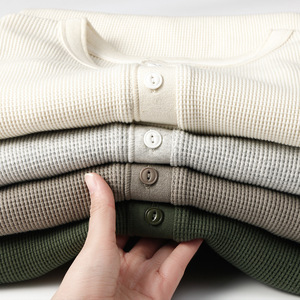 Camiseta <span class=keywords><strong>Henley</strong></span> de Manga Larga para <span class=keywords><strong>Hombre</strong></span>, Estilo Vintage, Color Caqui, Tejido Waffle, 100% Algodón, Estilo Americano, Corte Holgado, Tejido de Punto, Talla Grande - Product Image 1