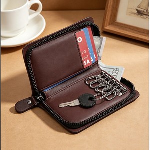 Porte-clés en cuir véritable avec fermeture éclair et emplacements pour cartes, en cuir de vachette brun foncé, pour un usage quotidien - Product Image 1