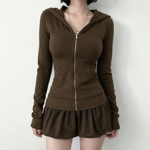 Solid Color Hooded <b>Zip</b> <b>Up</b> Knit <b>Cardigan</b> Women's Slim Fit Long Sleeve Sweater Jacket Casual Y2K Streetwear Autumn Outerwear - Product Image 4