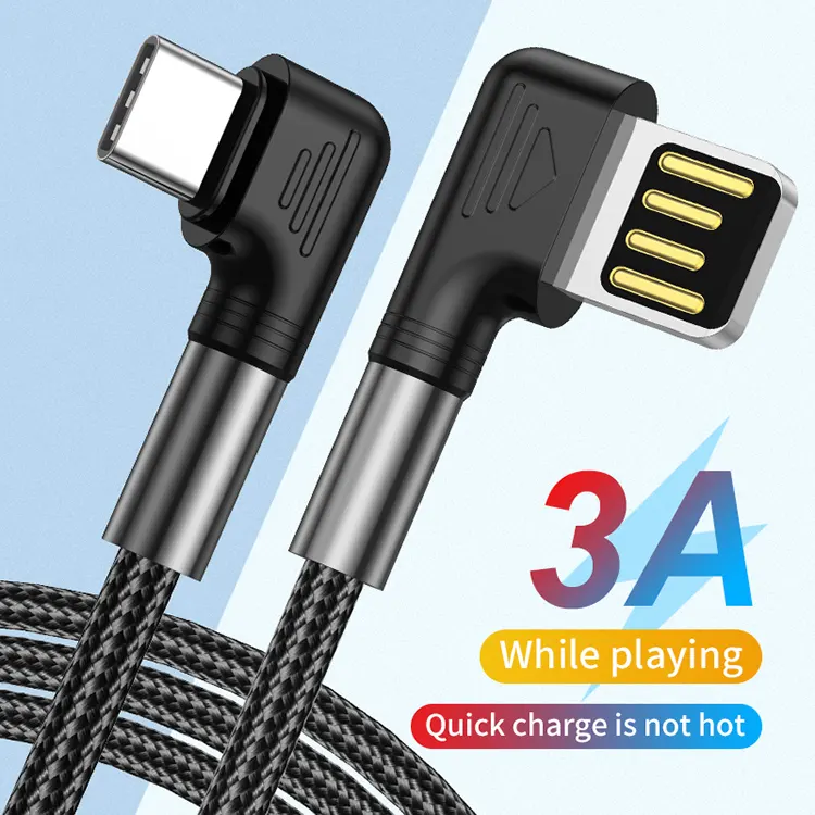 Kabel USB Tipe C 3A Kabel Pengisi Daya Cepat Sudut Kanan Kabel USB C Gaming 90 Derajat untuk Samsung Huawei