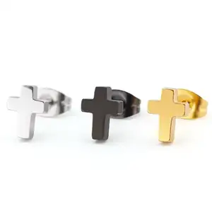 Hot Selling Simple Classic Stainless Steel Gold Plated Shiny Smooth Cross Stud Earring Jewelry For Women