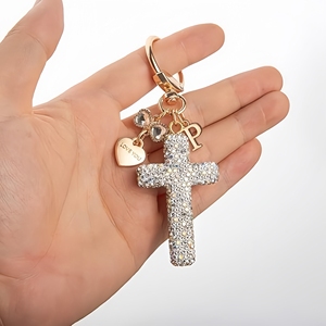 Diamond Rhinestone Heart Bows Alphabet Letter Initial Cross Key Chain Souvenirs Baptism Religious Christian Jewelry Bag Charms
