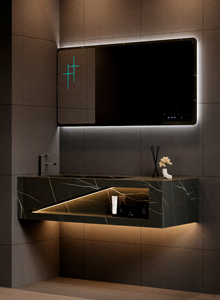 ชุดโต๊ะเครื่องแป้งในห้องน้ำแผ่นพื้นหินแบบบูรณาการสีดำฟ้าผ่าดีไซน์กระจก LED อ่างล้างมือในห้องน้ำสุดหรู - Product Image 3