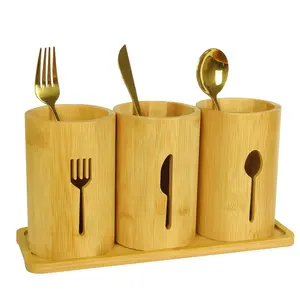 Meja Dapur Modern Alat Bambu Caddy Fork Holder Utensil Silverware Holder dengan Baki Bambu