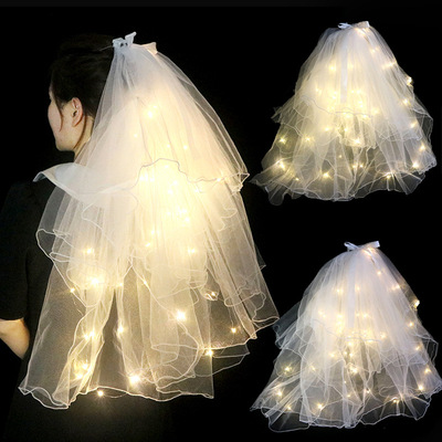 Luminous Veil with Pearl Luminous Super Fairy Ribbon Bowknot Photograph Veil with Light Wholesale