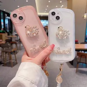 水晶天鹅钻石珍珠手链软防震手机套iphone 13pro max奢华女士盒