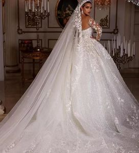 NDA10014 Luxury Lace Dubai Wedding Dresses Long Sleeves Sequins Beads Sheer Neck Appliques Glitter Tulle Bride Gowns - Product Image 3