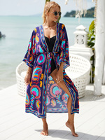Dames Boheemse kimono met print, open voorkant, lange strandjurk, zomerzwemkleding, strandjurk voor strandvakantie, resortkleding