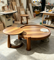 Ensemble de tables basses gigognes rondes avec plateau en bambou, pieds en bois massif et pierre, mobilier moderne pour hôtel, appartement, projet de vente en gros