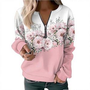 Nouveau design – Pull streetwear respirant pour femme, imprimé floral, col zippé à la française, manches longues, coupe ample - Product Image 2