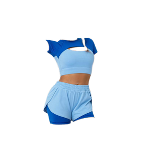 Women's Blue Color Blocking Yoga Set Off-The-Shoulder Convertible Strap <b>Crop</b> <b>Top</b> High Waist Shorts 1 Piece Seamless Anti-Wrinkle - Product Image 1