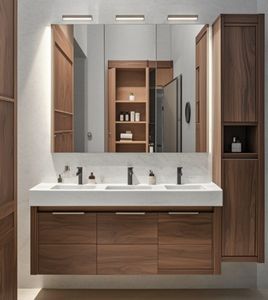 Meuble de salle de bain moderne avec tiroirs muraux, armoire en ardoise, vasque et miroir LED - Product Image 1