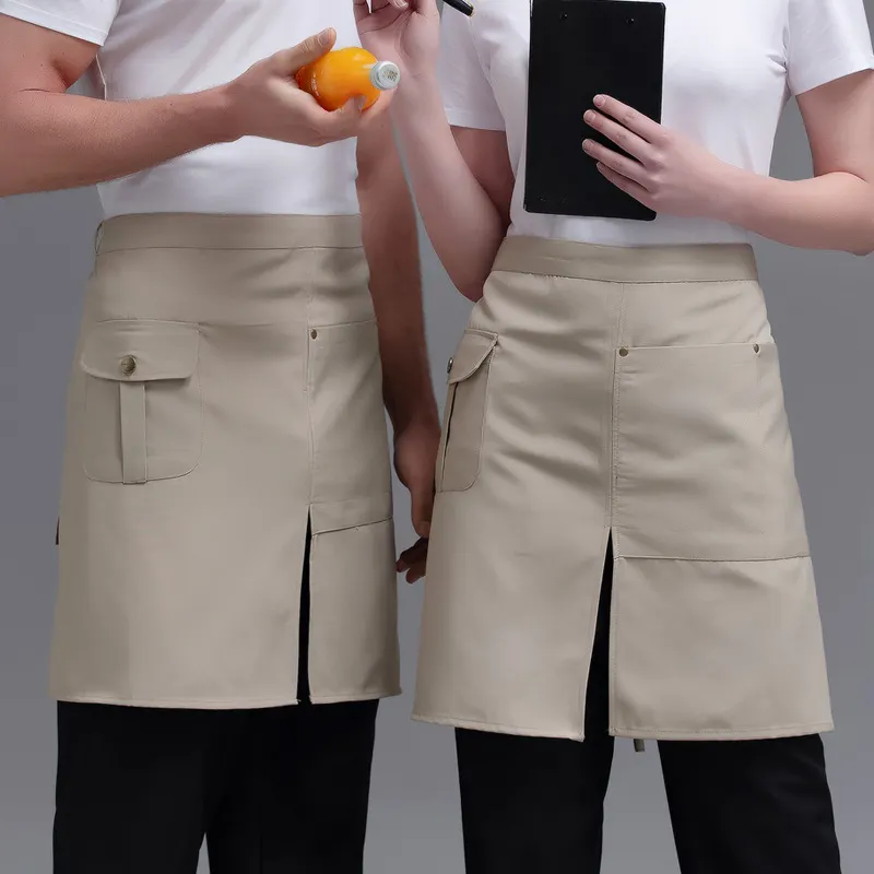 Delantal de café Bistro con logotipo personalizado con bolsillos, medio delantal de cocina, lazos de cintura de longitud media, uniforme Unisex duradero