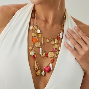 Set <span class=keywords><strong>di</strong></span> 3 Collane Boho Buddiste Multistrato con Ciondoli a Cuore/<span class=keywords><strong>Pesce</strong></span>/Girasole, Catene Estive da Donna in Lega <span class=keywords><strong>di</strong></span> Zinco - Product Image 1