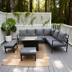 Conjunto de Sofá de Mimbre en Forma de L para Exteriores, Estilo Forestal, con Mesa para Fogatas, Color Personalizado, Estructura Metálica, para Patio Trasero, Resistente a la Intemperie - Product Image 1