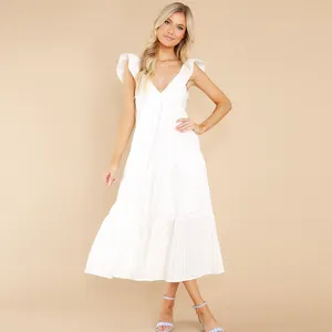 Vestido manga babado decote em v profundo, vestido feminino