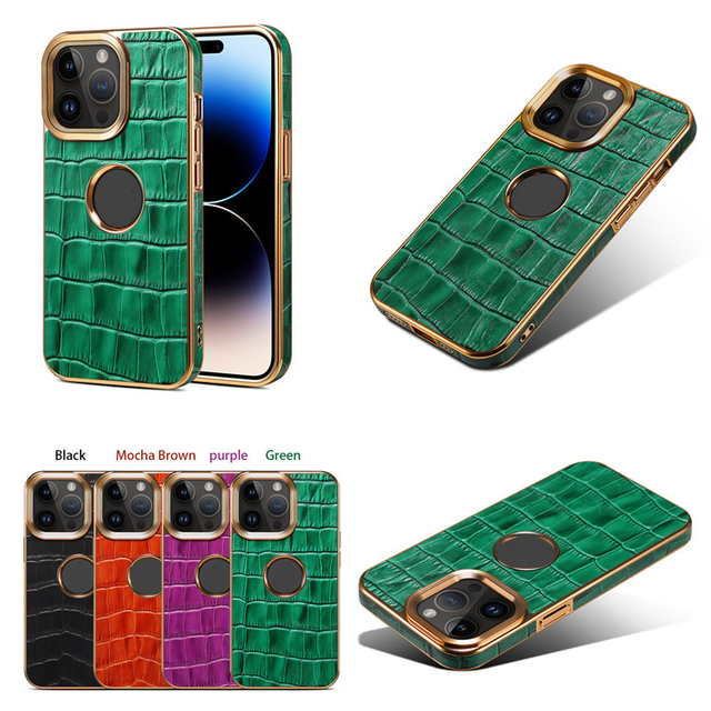 Luxury Crocodile Genuine Leather With Logo Hole Mobile Phone Case for iPhone 15 Pro Max Leather Back Cover Cases