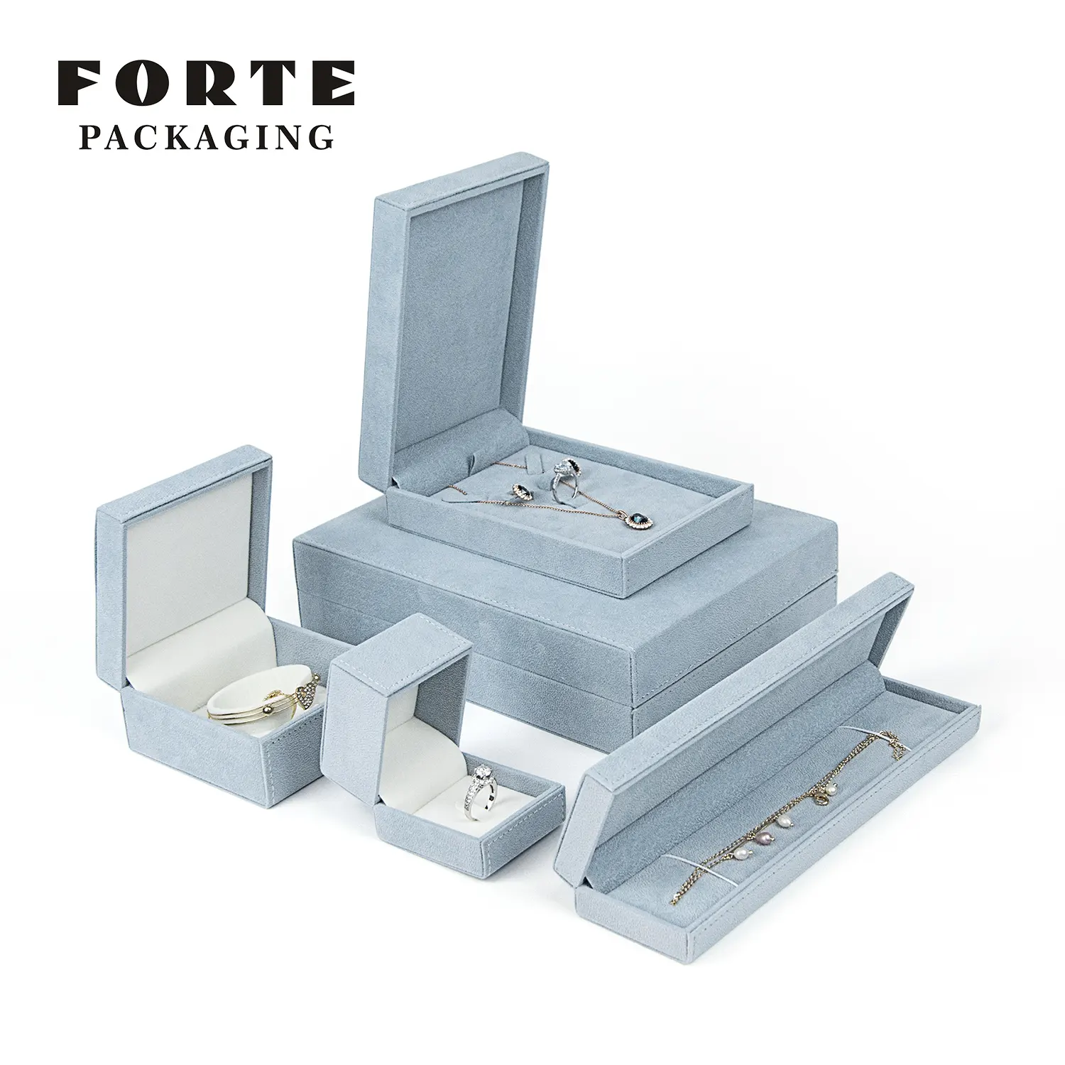 FORTE baby blue Caja de joyas set di velluto scatola 'jewelri' con logo personalizzato anello orecchino collana gioielli scatola di imballaggio