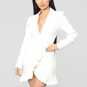 Bonne qualité femmes surplis blanc à volants garniture robe dames à manches longues col en V mini robe avec volants aux poignets - Product Image 1
