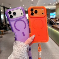 Coque magnétique givrée 3-en-1 TPU+PC au toucher doux pour iPhone 14 15 16 17 18 Pro Max avec chargement sans fil et dragonne antichoc