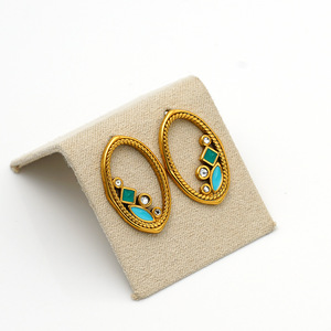 Stainless Steel Oval Stud Earrings Gold Plated Bohemian Style Blue Green Inlay Geometric Design Party Jewelry - Product Image 4