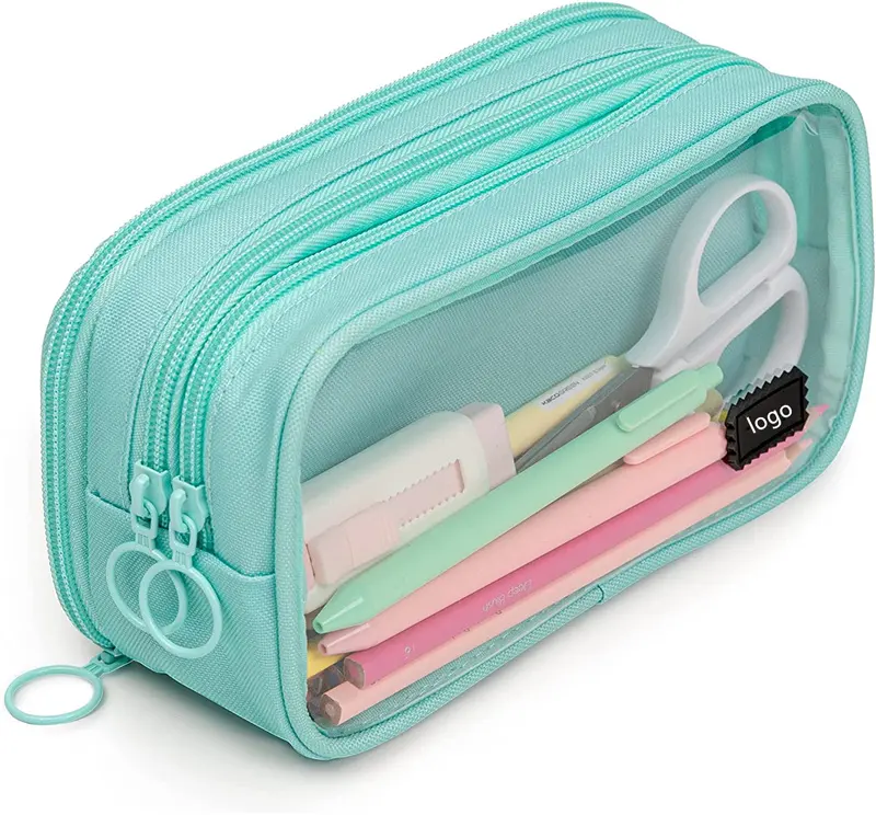 Gelory Adults and Teens Large Capacity Pen Pouch Custom PVC Clear Transparent Dual Zipper School Stationary Pencil Bag