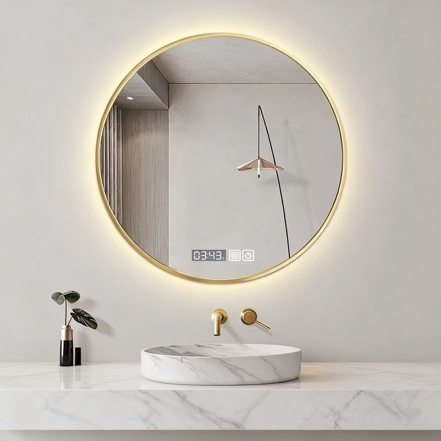 Modern Round LED Bath Mirror with Touch Control Aluminum Frame Backlit Vanity Mirror 3-Color Dimmable Light IP44 Rated Anti-Fog
