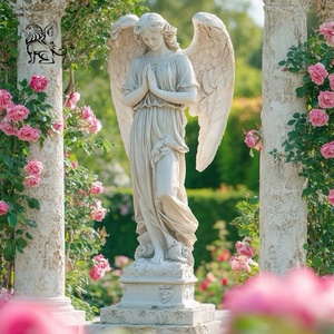 Escultura de Ángel de Mármol Blanco de Tamaño Real, Estilo Occidental, para Decoración de Jardín, Dama Rezando, Piedra Natural - Product Image 1