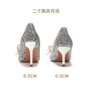 Zapatos de novia con punta en pico y tacón de aguja con brillantina, con lazo, sin cordones, de tacón alto, para novia y damas de honor. - Product Image 2