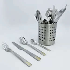 Juego de 5 cubiertos de Metal de acero inoxidable, cuchara, tenedor, cuchillo, ensalada, tenedor, árabe, Oriente Medio, cocina, cubiertos chapados en oro