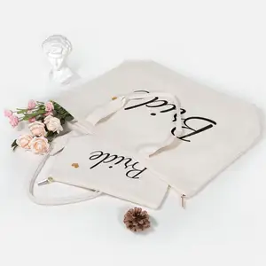 Sac fourre-tout mariée avec sac de maquillage cadeaux pour fiançailles douche nuptiale Bachelorette fête de mariage toile sac blanc