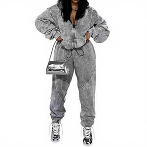 Conjunto Deportivo Gris con Capucha para Mujer, Cierre de Cremallera, Corte Holgado, con Bolsillos Laterales, Cordón Ajustable, Ropa Casual de Calle para Otoño - Product Image 1